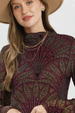 Metallic Botanical Mock Neck Knit Top - Burgundy