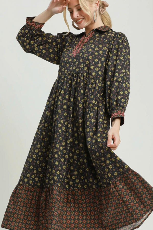 Floral Mix Media Print Midi Dress - Black