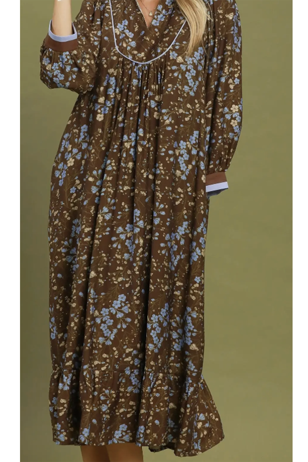 Prairie Contrast Trim Maxi Dress - Brown