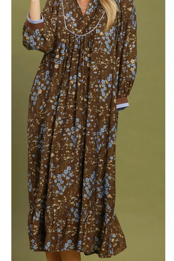 Prairie Contrast Trim Maxi Dress - Brown