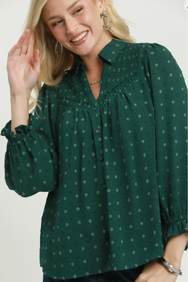 Swiss Dot Smocked Yoke Blouse - Hunter Green