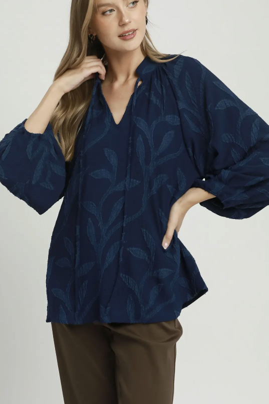 Textured Leaf Jacquard Peasant Blouse - Navy