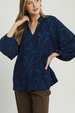 Textured Leaf Jacquard Peasant Blouse - Navy