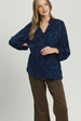Textured Leaf Jacquard Peasant Blouse - Navy