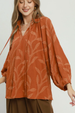 Textured Leaf Jacquard Peasant Blouse - Terracotta