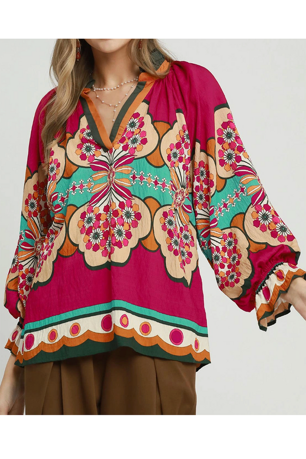 Mia Floral Print Peasant Blouse - Berry Mix