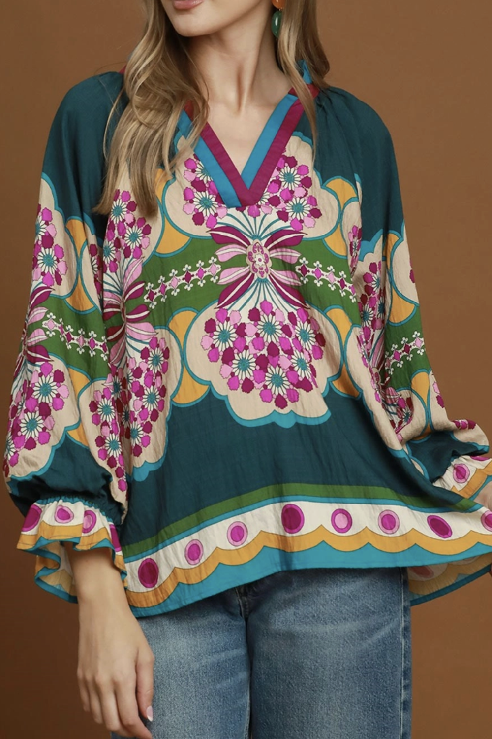 Mia Floral Print Peasant Blouse - Teal Mix