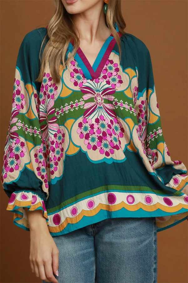Mia Floral Print Peasant Blouse - Teal Mix