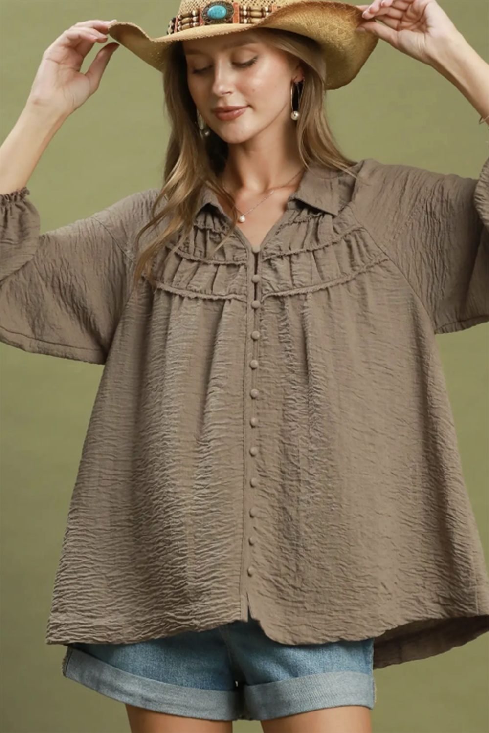 Textured Ruffle Detail Blouse - Mocha