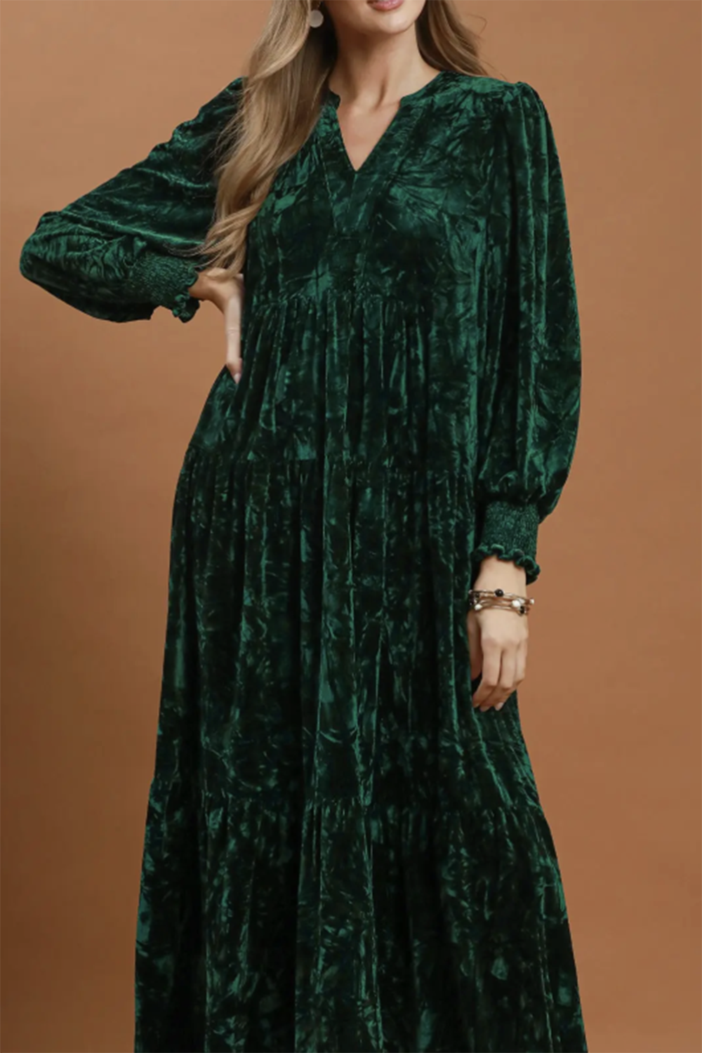Velvet Tiered Maxi Dress - Hunter Green
