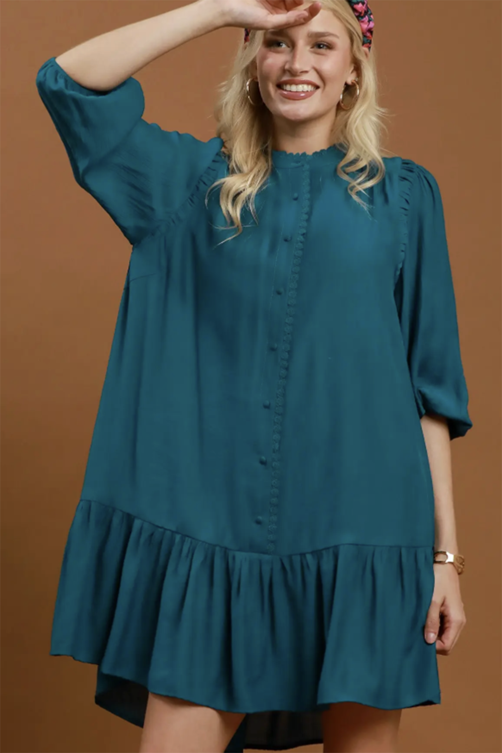 Lace Trim Ruffle Hem Mini Dress - Teal