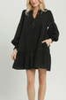 Babydoll Smocked Cuff Mini Dress - Black