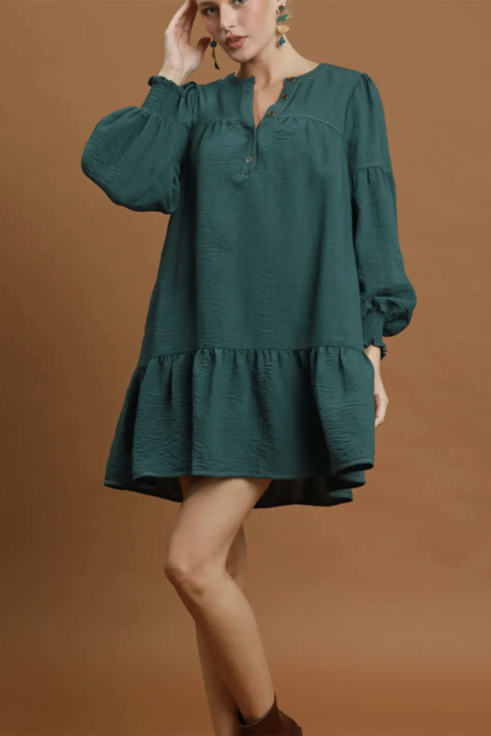Babydoll Smocked Cuff Mini Dress - Teal