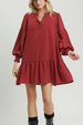 Babydoll Smocked Cuff Mini Dress - Wine