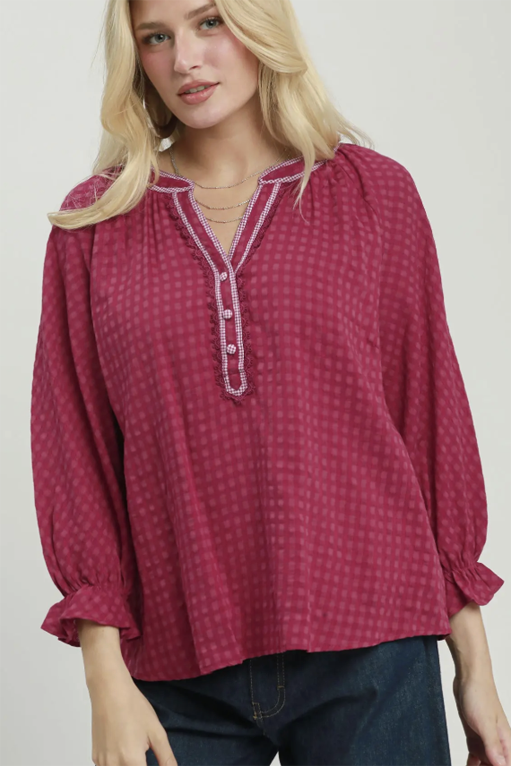 Gingham Textured Top - Berry
