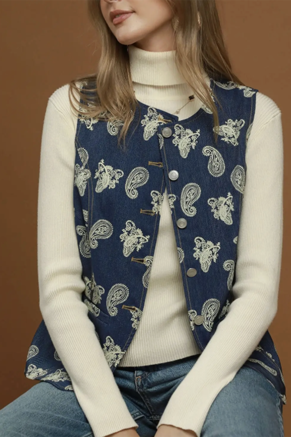 Paisley Print Button Front Denim Vest