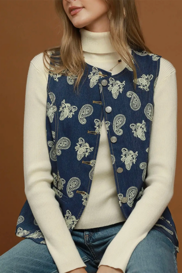 Paisley Print Button Front Denim Vest