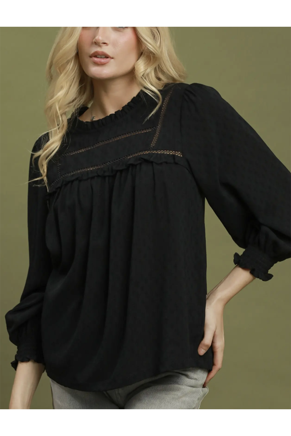 Ruffle Yoke Long Sleeve Blouse - Black