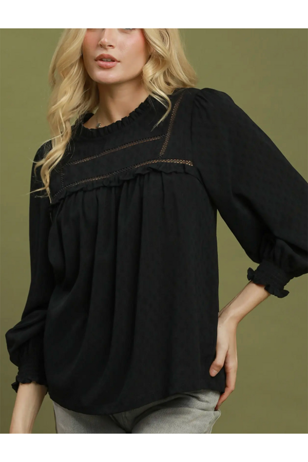 Ruffle Yoke Long Sleeve Blouse - Black