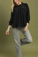 Ruffle Yoke Long Sleeve Blouse - Black