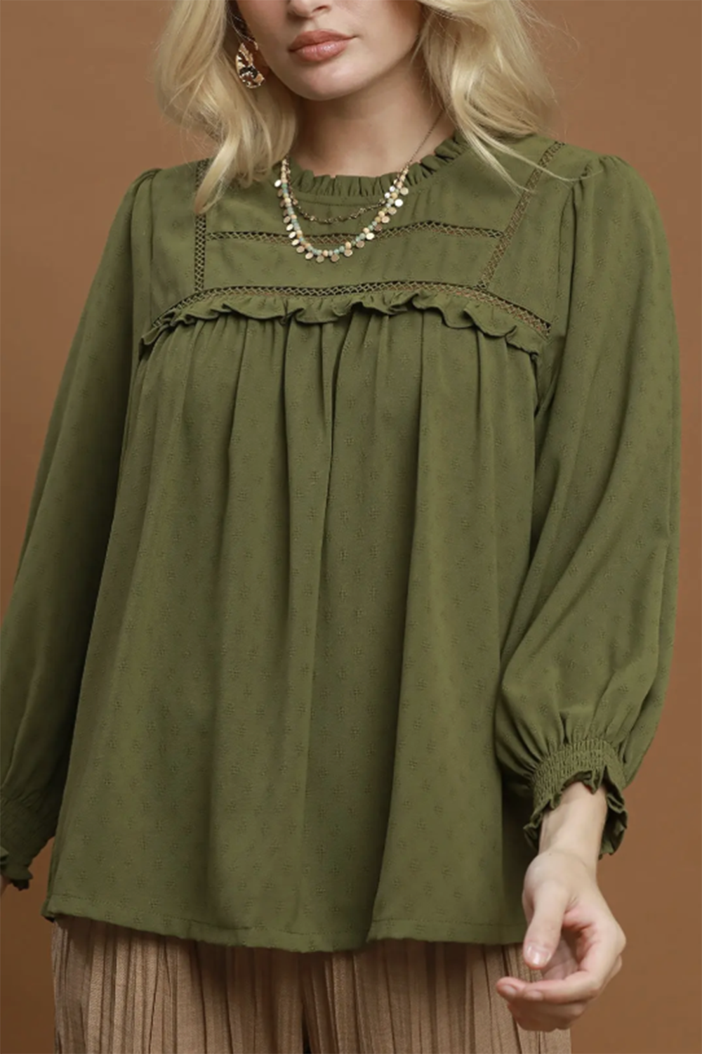 Ruffle Yoke Long Sleeve Blouse - Olive