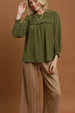 Ruffle Yoke Long Sleeve Blouse - Olive