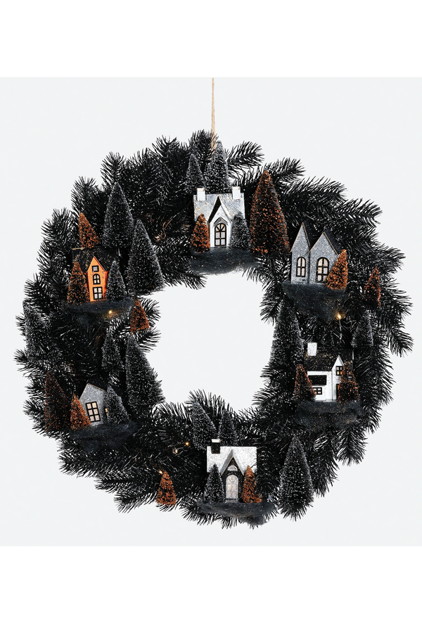 Halloween Wreath with Light Up Houses