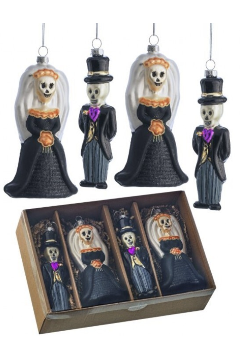 Glass Ornament Set - Bride and Groom Skeletons