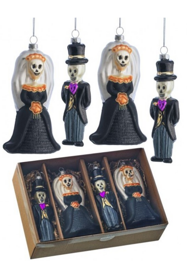 Glass Ornament Set - Bride and Groom Skeletons