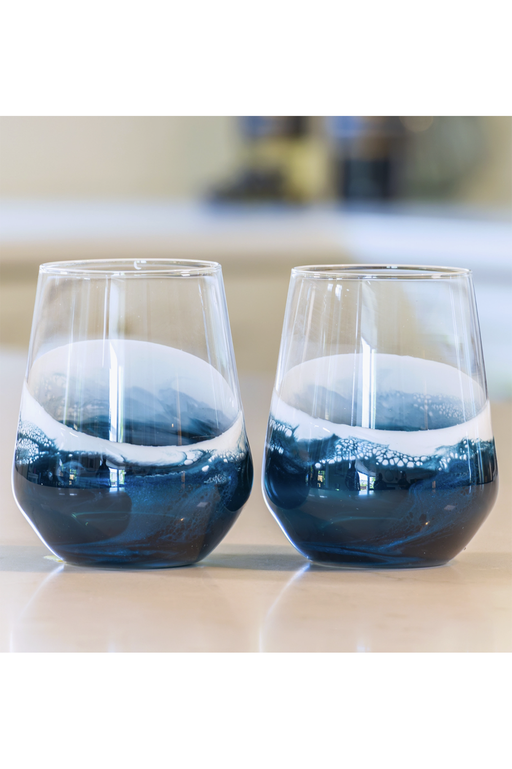 Lynnie Set of 2 Stemless Wine Glasses - Navy White Metallic