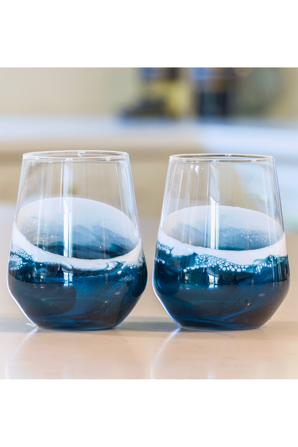 Lynnie Set of 2 Stemless Wine Glasses - Navy White Metallic
