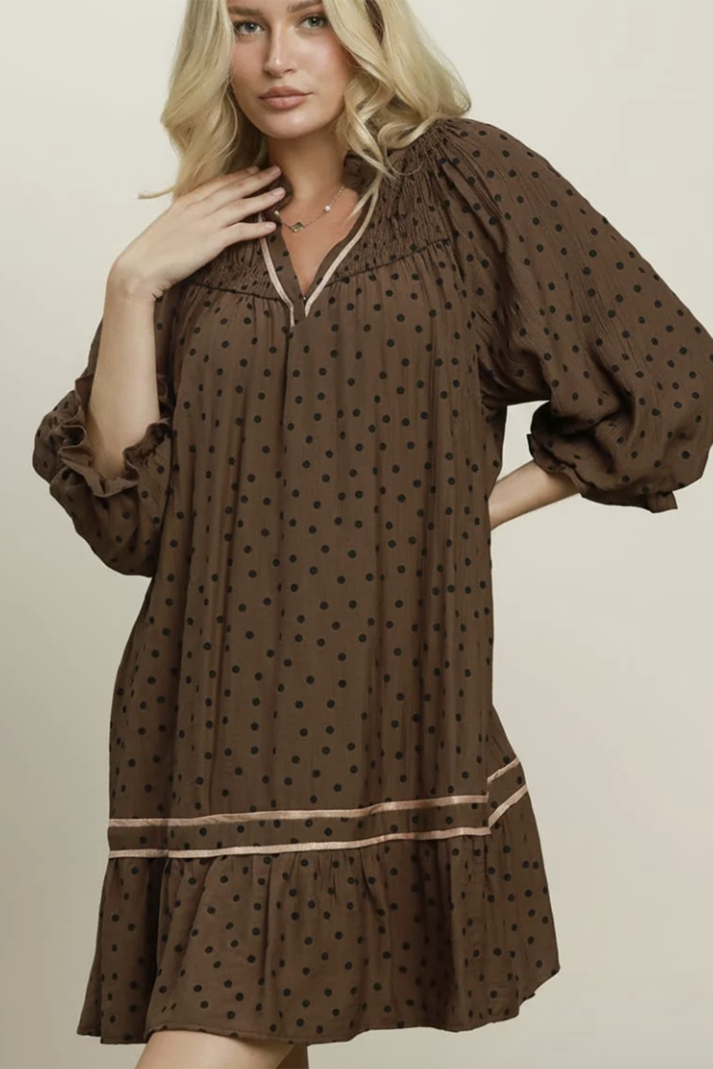 Polka Dot Ruffle Hem Dress - Chocolate