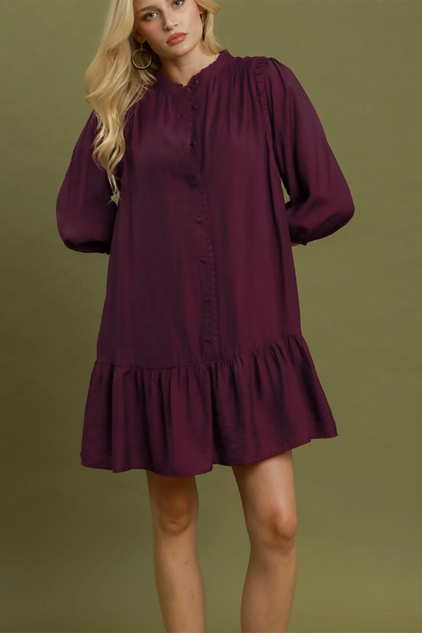 Lace Trim Ruffle Hem Mini Dress - Plum