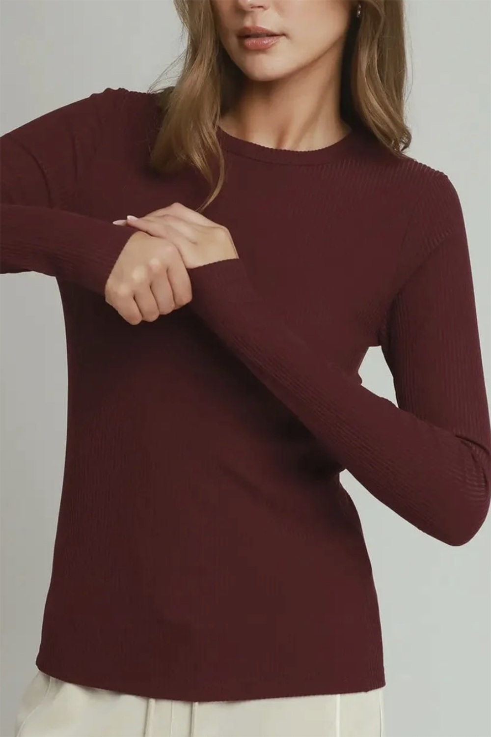 Brushed Rib Long Sleeve Top - Merlot