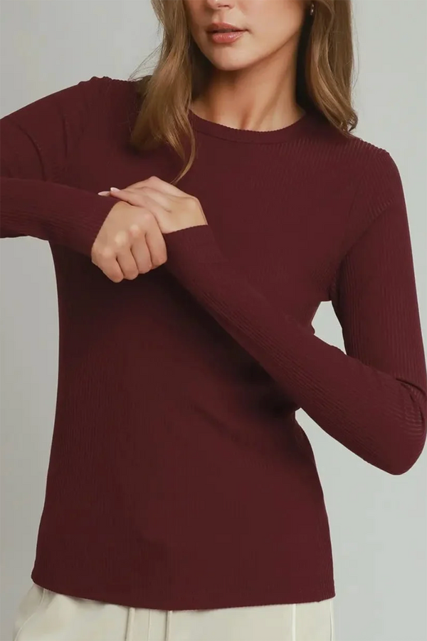 Brushed Rib Long Sleeve Top - Merlot