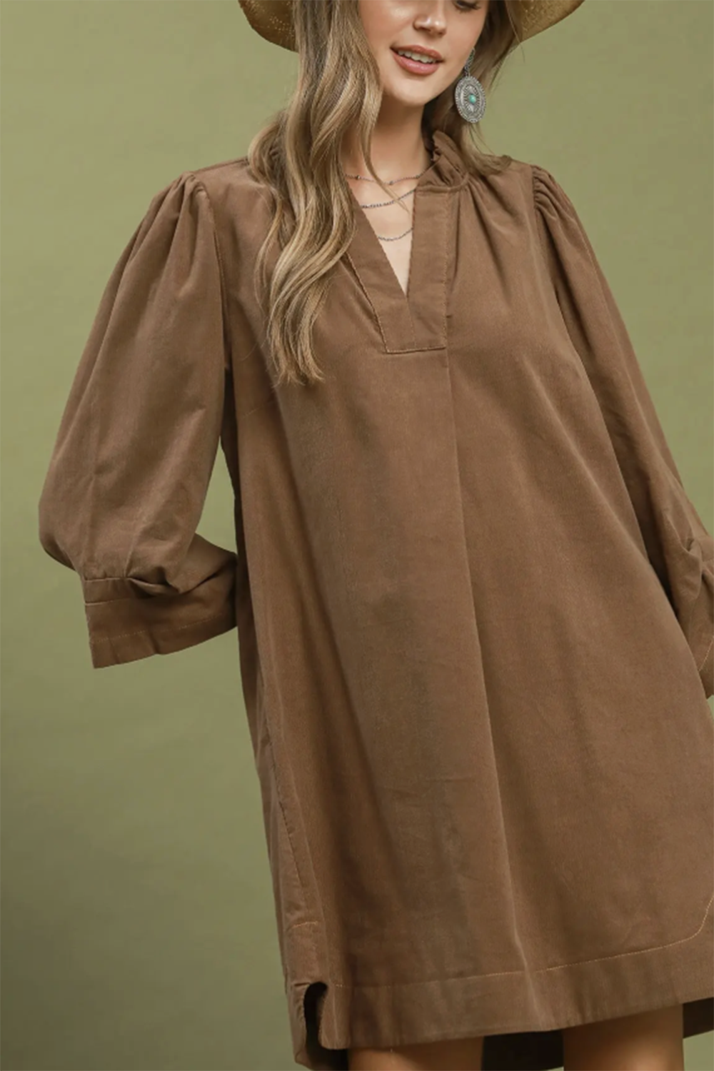 Corduroy Puff Sleeve Dress - Brown