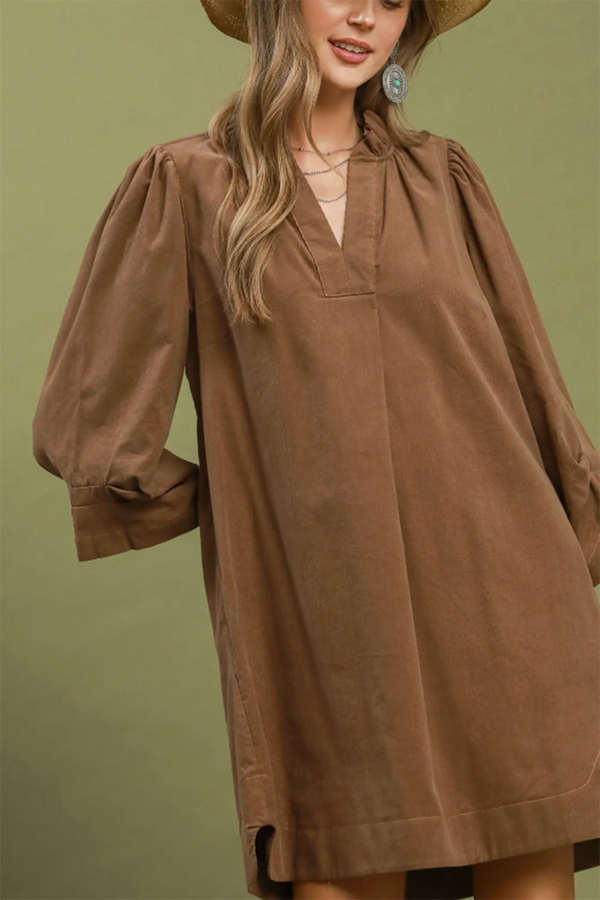 Corduroy Puff Sleeve Dress - Brown