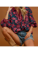 Floral Print Lace Trim Split Neck Blouse - Teal