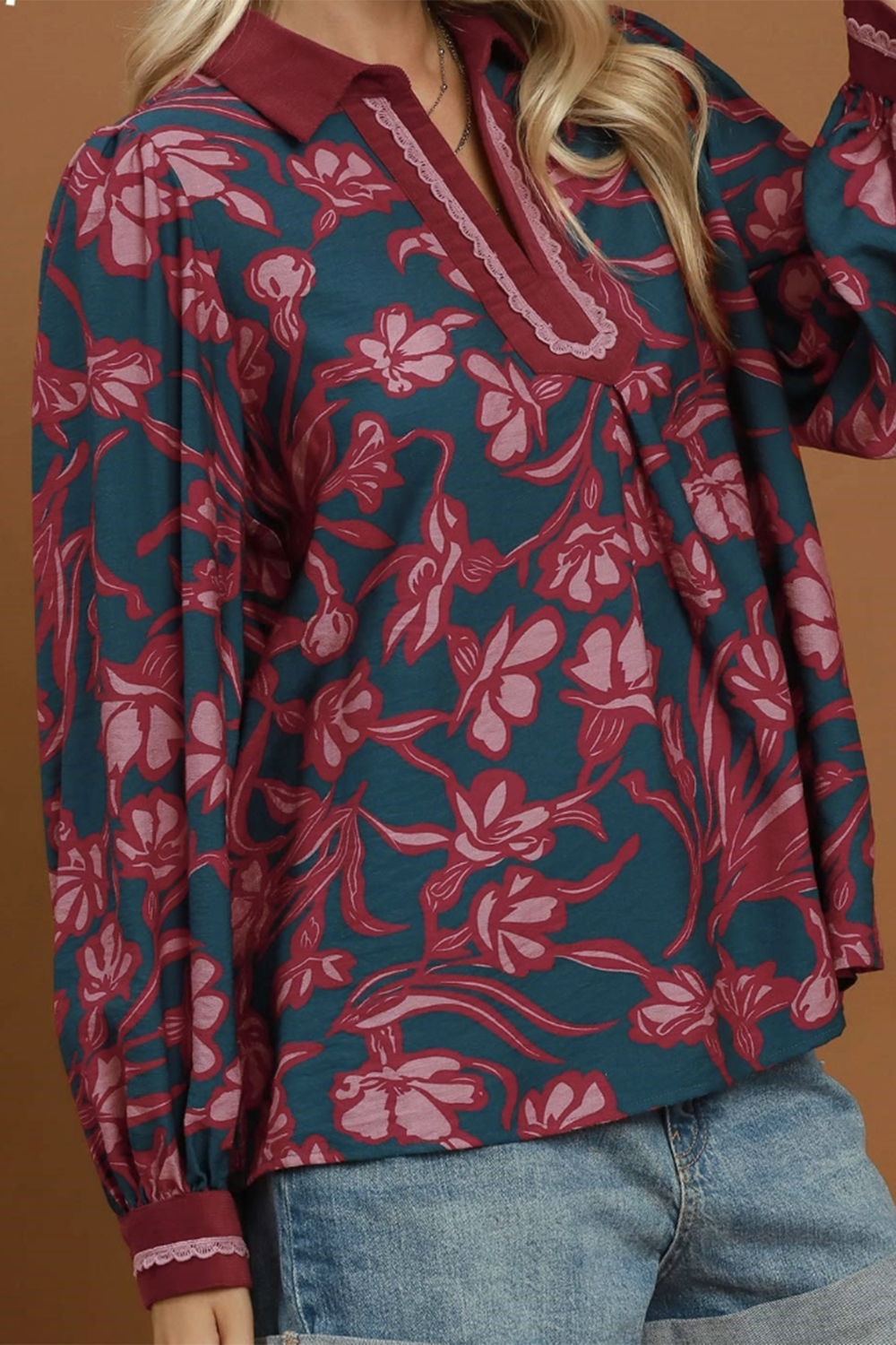 Floral Print Lace Trim Split Neck Blouse - Teal