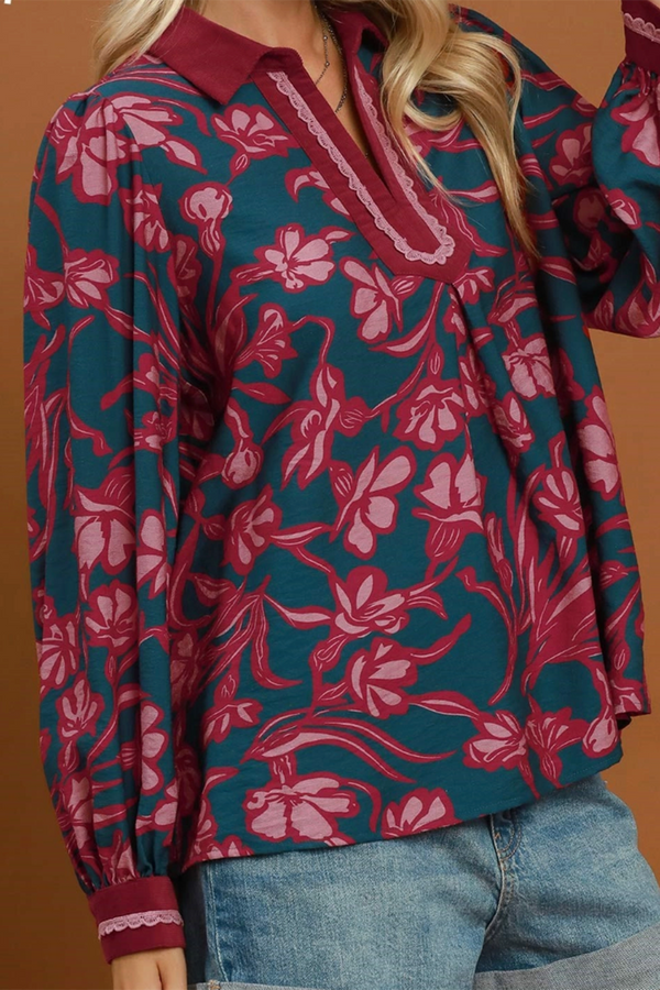 Floral Print Lace Trim Split Neck Blouse - Teal
