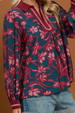 Floral Print Lace Trim Split Neck Blouse - Teal