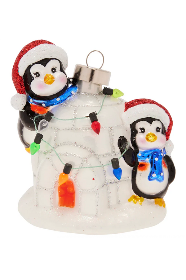Glass Ornament - Igloo Penguin Pals