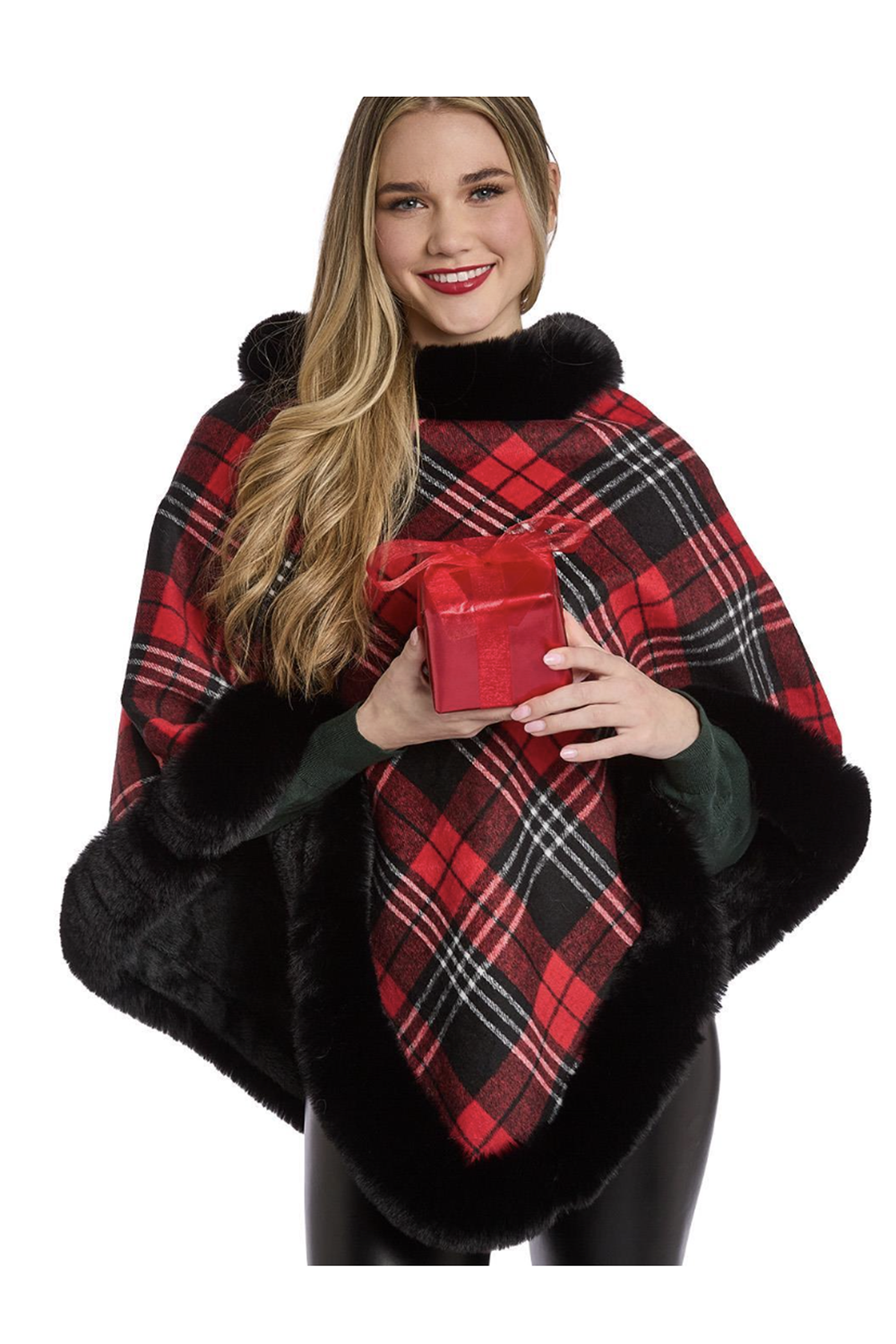 Red & Black Plaid Poncho with Fur Detail