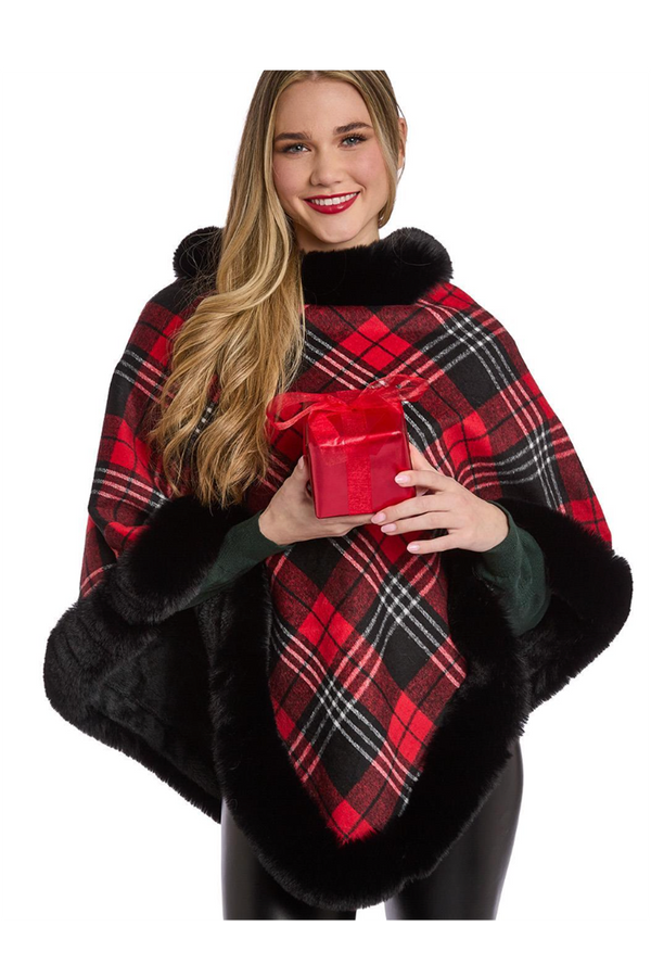 Red & Black Plaid Poncho with Fur Detail