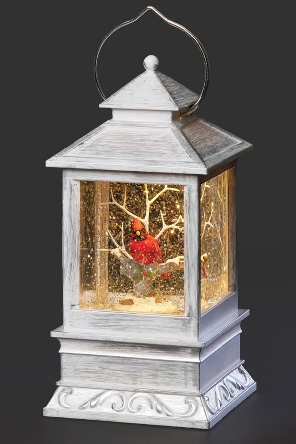 RM Lighted Confetti Lites Swirl White Lantern with Cardinal in Tree