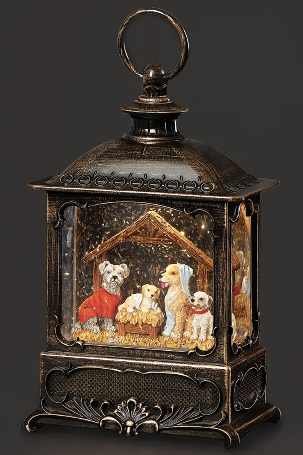 RM Lighted Bronze Lantern with Canine Holy Family