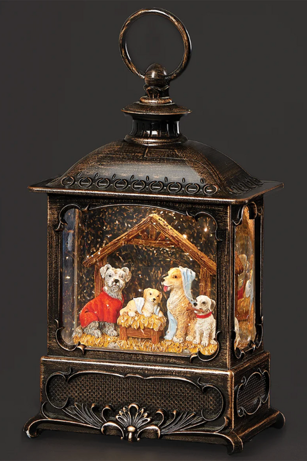 RM Lighted Bronze Lantern with Canine Holy Family