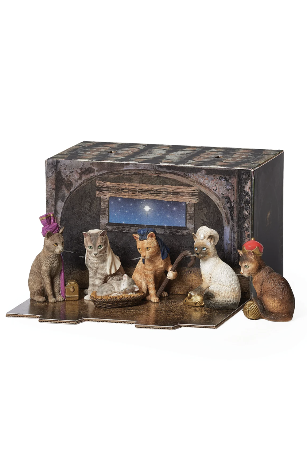 Cat Nativity Set with Fold-Out Stable Display Box