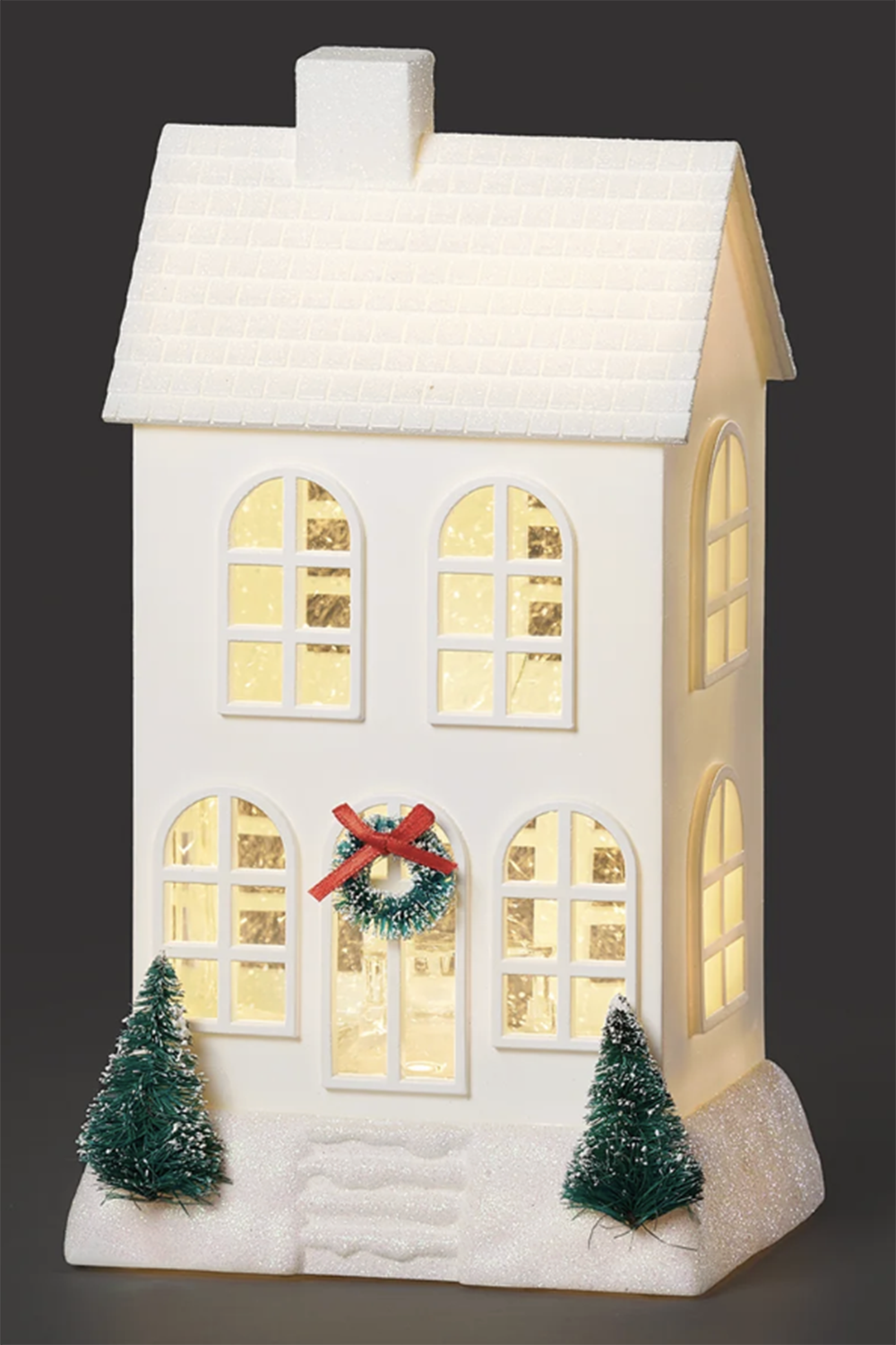 RM Lighted Swirl White Two-Story House with Wreath & Trees
