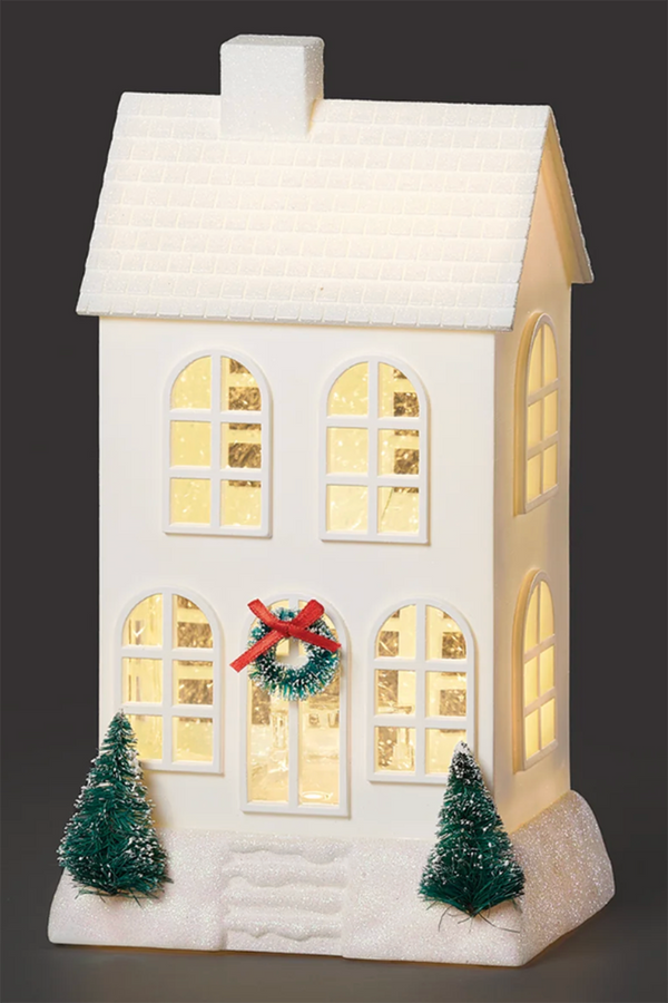 RM Lighted Swirl White Two-Story House with Wreath & Trees